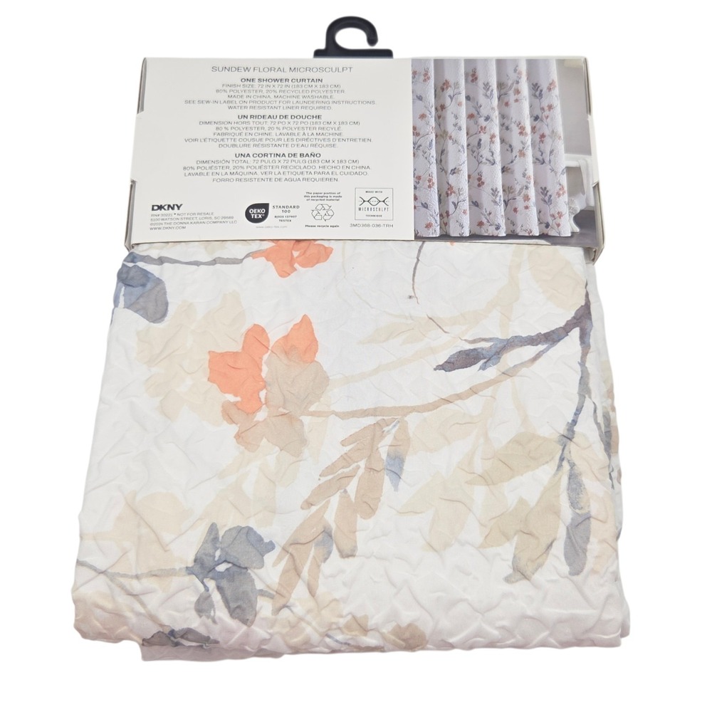 DKNY Sundew Floral‎ Microsculpt  Fabric Shower Curtain White Peach 72x72inch - Picture 8 of 8